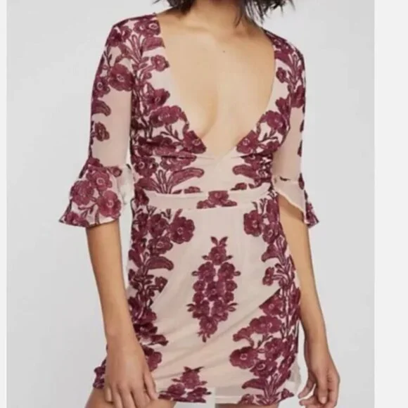 For Love And Lemons Temecula Tan & Purple Embroidered Mesh Mini Dress - Size S - Picture 1 of 10